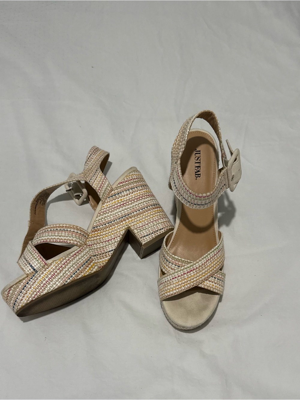JustFab Cream Multi Color Woven Platform Sandals - Women's